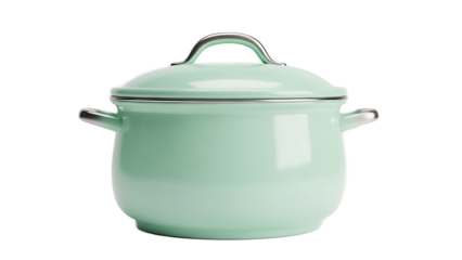 A mint green Dutch oven with lid and handles, centered on a white background, viewed from the front.