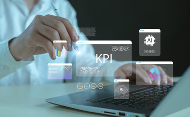 Business analyst using digital pen with virtual KPI dashboard, AI analytics, data visualization and performance metrics on laptop screen, representing business intelligence, strategy and innovation.