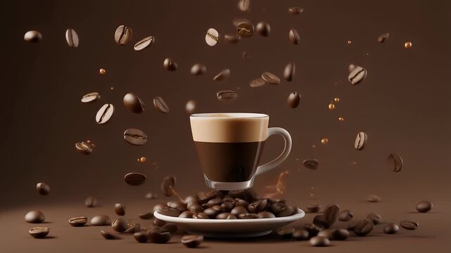 A cup of coffee hovers over a bed of beans and a small plate, surrounded by floating beans and droplets against a brown background