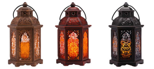 Three decorative metallic lanterns in varying colors with carved filigree patterns, each emitting a warm glow