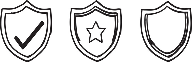 Drawn shield icons with check mark, star, and simple design