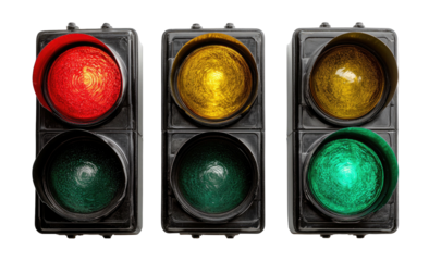 Three traffic lights, each with a different color illuminated in the lenses