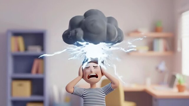 Stressed man standing indoors, looking up at a dark storm cloud symbol with a sad face and swirling eyes, representing overwhelming emotions, pressure, and mental health struggles