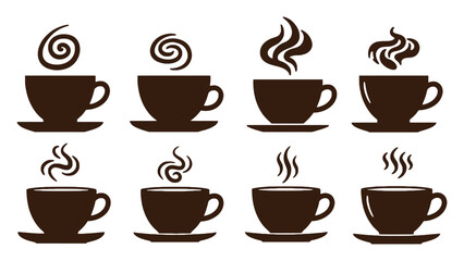 Obraz premium Eight dark brown cups of steaming hot coffee are displayed on saucers.