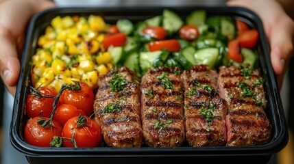 Grilled steak meal prep container with corn, roasted tomatoes, and cucumber salad, held by hands for healthy eating.