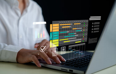 Digital project management and business analytics concept with laptop dashboard, timeline planning, task tracking, performance monitoring, data visualization, and workflow productivity optimization.