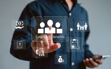 Business touching virtual employee benefits interface with icons of insurance, salary, family and finance, representing modern HR management, workforce welfare strategy and digital corporate support.