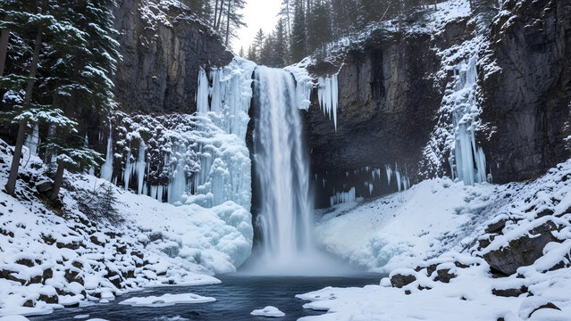 Spectacular winter waterfall plummeting into a pool surrounded by massive ice formations and snow covered cliffs with dark evergreen trees in background - Powered by Adobe