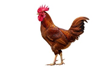 Rooster with Bright Red Comb and Vibrant Brown Feathers Standing on White Background