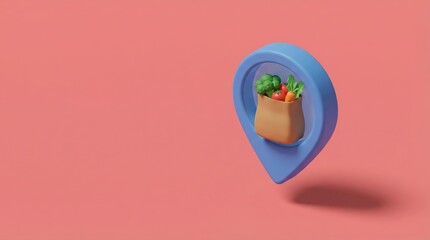 Minimalist 3D grocery delivery icon with vegetables on solid pink background