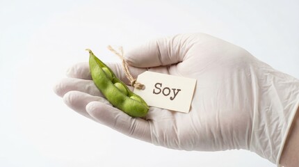 Hand in white latex glove holding green soybean pod with soy tag on white