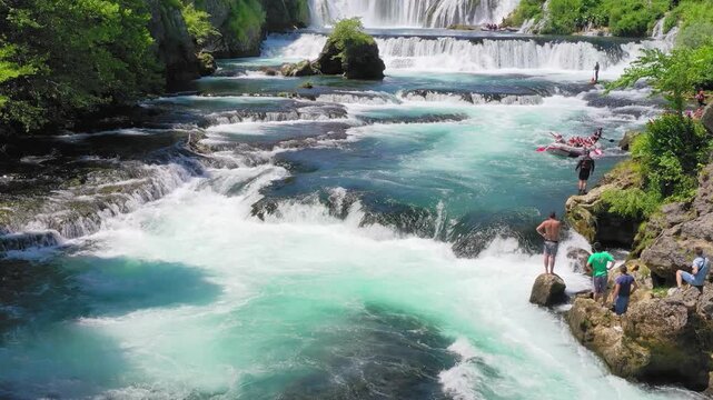 Turquoise river rapids and waterfalls in natural landscape, Bosnia and Herzegovina
