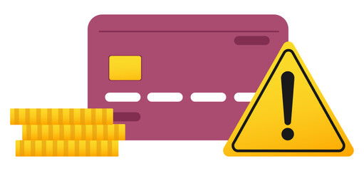 Fototapeta premium Credit card with gold coins and yellow triangle with exclamation mark. Banking notification. Attention icon. Error important message. Financial problem. Security notice. Vector concept