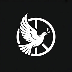 A striking vector art illustration depicting a peace symbol seamlessly integrated with a graceful white dove, presented against a stark black background. The dove is poised mid-flight