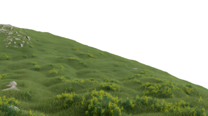 Rolling green hill landscape with rocks and vegetation  . Isolated on transparent background, png