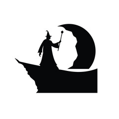 Fantasy Wizard on Mountain Peak Silhouette Design