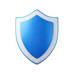 A 3D rendered depiction of a shiny blue shield with white trim on a black background