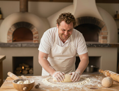 A smiling caucasian man is kneading dough in a cozy kitchen, surrounded by baking tools and an oven. The scene captures the joy of homemade cooking and culinary artistry in a warm atmosphere