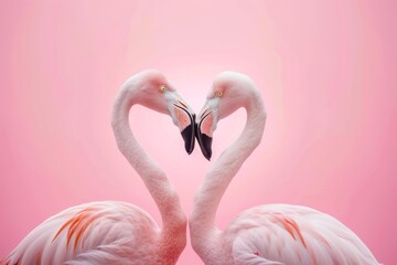 Two pink flamingos are forming a heart shape with their necks, symbolizing love and affection on a vibrant pink background