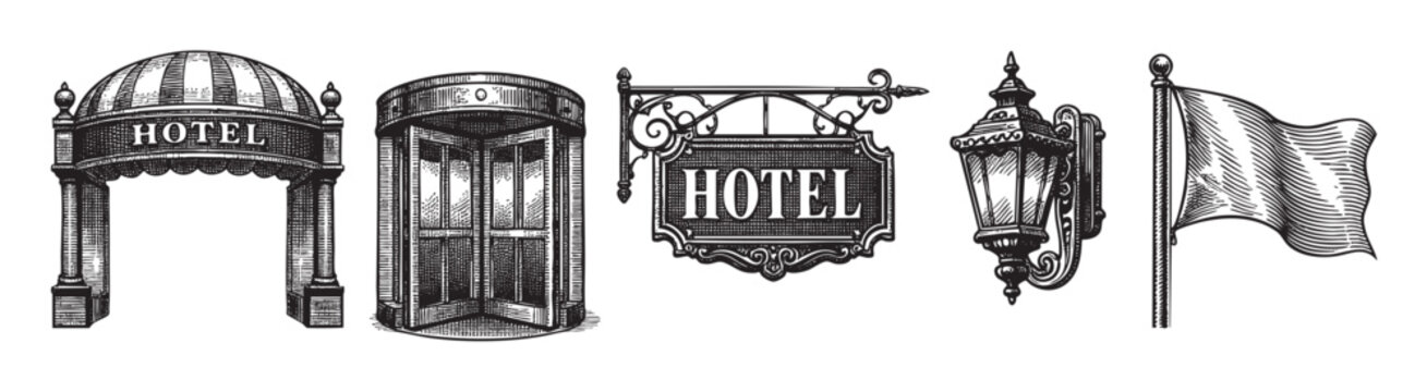 A collection of five black and white vintage illustrations depicting hotel icons, including an arched entrance, revolving door, hanging sign, wall lamp, and flag, in a classic engraving style.