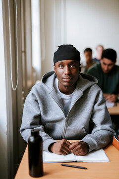 Portrait of male student wearing do rag sitting at desk in classroom