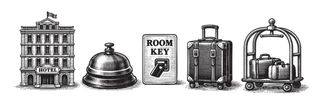 A vintage black and white illustration displays hotel icons including a building, bellhop bell, room key, luggage, and bell cart, evoking a classic travel service.