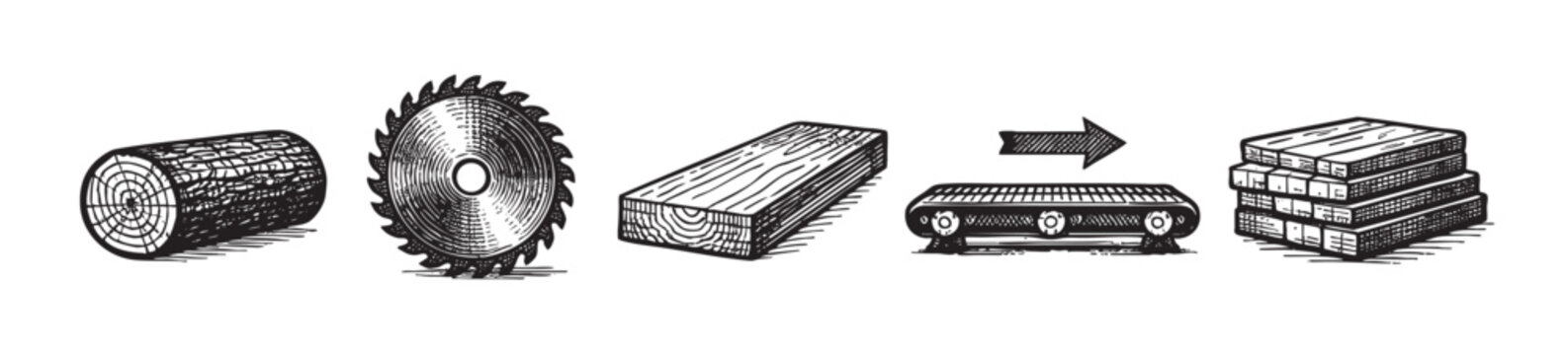 This line art illustration depicts the transformation of a log into lumber through sawing and processing, suitable for industry or DIY themes.