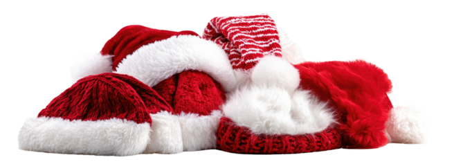 A cluster of red and white knitted hats with furry trim and bobbles