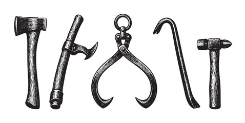 A collection of five vintage hand tools, illustrated in a scratchboard style on a white background, including an axe, splitting maul, ice tongs, crowbar, and hammer.