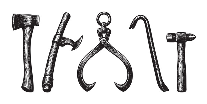 A collection of five vintage hand tools, illustrated in a scratchboard style on a white background, including an axe, splitting maul, ice tongs, crowbar, and hammer.