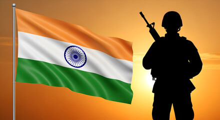 Indian Soldier Silhouette with Waving National Tricolor Flag at Sunset – Patriotic Concept for Independence Day, Republic Day, and Indian Army Day Vector Illustration