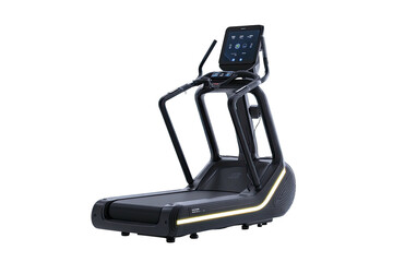 Modern exercise machine featuring an interactive console, handrails, and a running surface