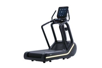 Modern exercise machine featuring an interactive console, handrails, and a running surface