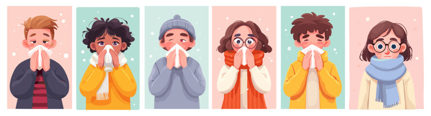 Children nose blow, Cartoon kids blowing running nose in handkerchief, sick boy girl sneezing cold flu symptoms snow winter cough kid portrait virus disease set vector illustration