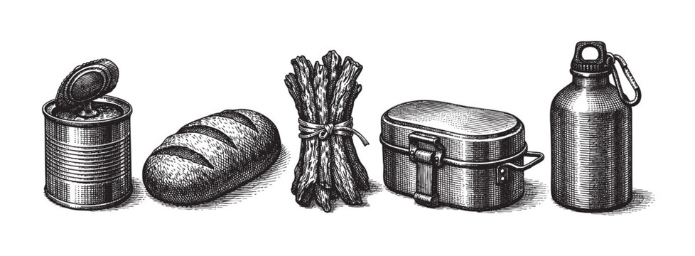 A vintage black and white engraving illustrates a collection of camping food essentials, including an open tin can, bread, asparagus, a lunchbox, and a canteen, on a white background.