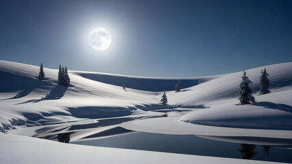 Full moon illuminating a serene winter landscape with snow covered hills winding river and scattered evergreen trees under a starry night sky creating peaceful scene