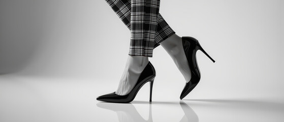 Stylish high heels complementing fashionable plaid trousers create chic and elegant look. contrast of black and white enhances sophisticated vibe