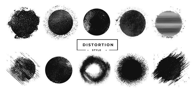 Halftone distort circles. Dotted circular glitch effect, half tone gradient dots circle frames logo icons digital distortion abstract round dot isolated grunge vector illustration