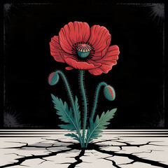 A vector art poster with a powerful message of "Anti War". The central focus is a single, vibrant red poppy blooming from cracked earth, symbolizing hope and resilience amidst destruction. 