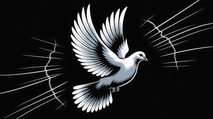 A vector illustration depicting "Anti War" with a single, stylized dove taking flight against a stark black background. The dove's feathers are intricately detailed with a subtle gradient of grey tone