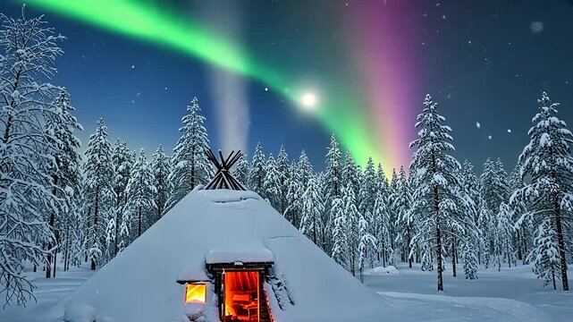 Traditional Sami lavvu tent under the vibrant Northern Lights in a snowy winter forest landscape.
