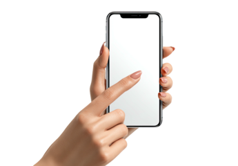 Hand holding a phone with a blank white screen against a black background