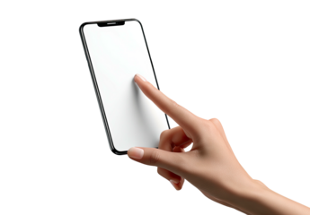 A person's hand touches the blank screen of a modern, black smartphone