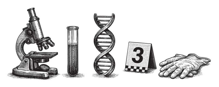 Black and white illustration of forensic science tools, including a microscope, test tube, DNA model, evidence marker, and latex gloves, on a white background.