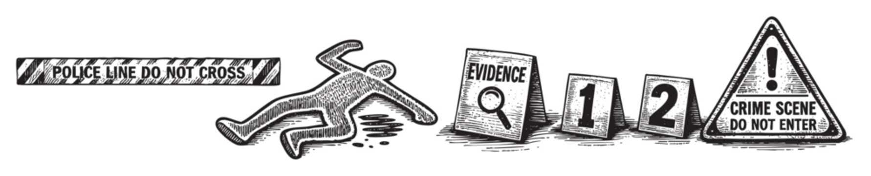 A stark, graphic illustration depicts a crime scene with police tape, a chalk outline, evidence markers, and a warning sign. The sketch-like style evokes a sense of urgency and investigation.