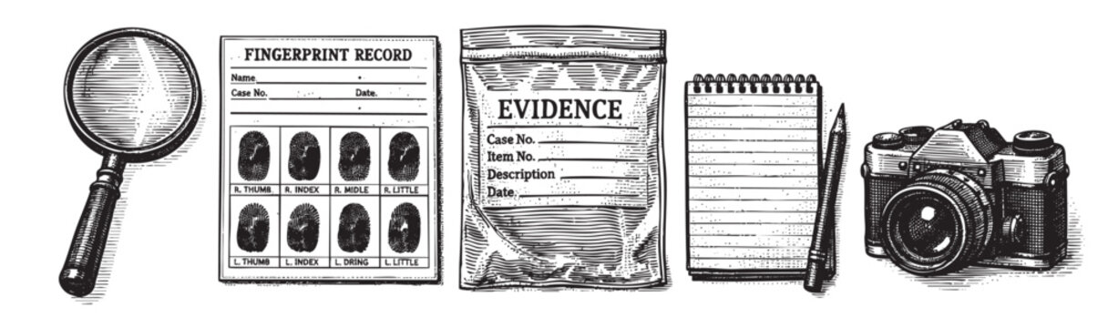 A detailed black and white illustration of crime investigation tools, including a magnifying glass, fingerprint record, evidence bag, notebook, pen, and camera, on a white background.
