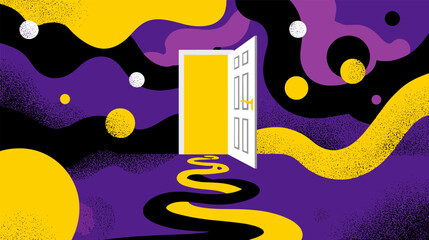 Surreal door. Entrance to other worlds dimensions, otherworldly spaces glowing doorway light in dark magic fantasy portal psychedelic trip abstract open doors vector illustration