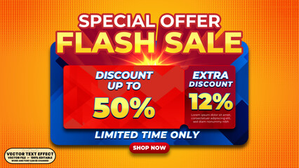 Special offer flash sale discount up to 50% off 3d editable vector text effect. Final flash sale announcement with colorful glowing vector text effect for website header and social media ads.