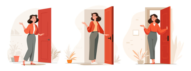Woman greets at door. Wife meets husband or children entrance to apartment, girl open home doors house entrance exit lady enters room interior welcome set vector illustration