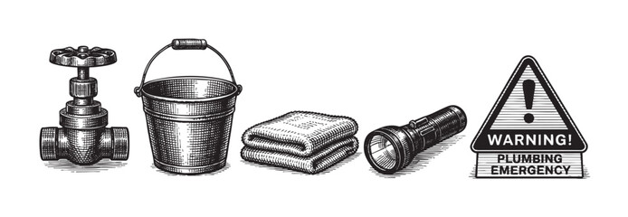 A vintage black and white illustration of plumbing emergency supplies including a valve, bucket, towels, and flashlight next to a warning sign.
